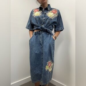Vintage 80’s Acid Wash Blue Denim 2 Piece Skirt & Shirt Set Floral Studded M